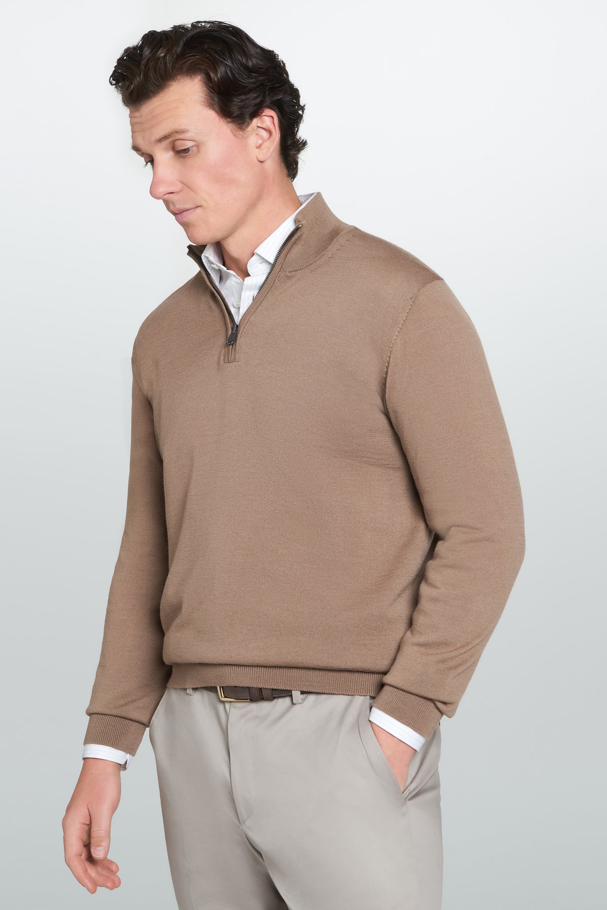 Camel Merino Wool Zip Neck Sweater