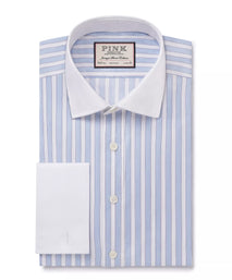 Pale Blue & White Classic Fit Formal Double Cuff Barbican Stripe Shirt